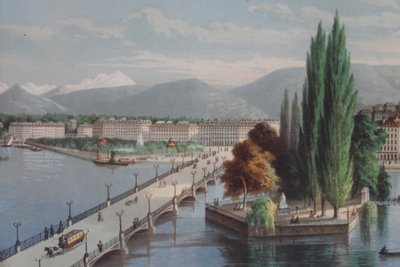 Paire de gravures gouachées vues de Suisse : Genève et Vevey époque 19ème encadrées 
