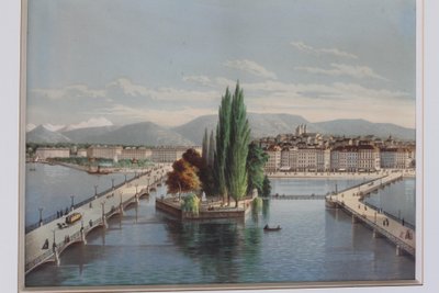 Paire de gravures gouachées vues de Suisse : Genève et Vevey époque 19ème encadrées 