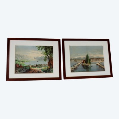 Paire de gravures gouachées vues de Suisse : Genève et Vevey époque 19ème encadrées 