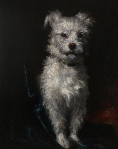 Peinture à l'huile sur toile " Petit chien blanc " datée de 1881