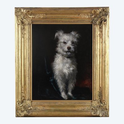 Peinture à l'huile sur toile " Petit chien blanc " datée de 1881