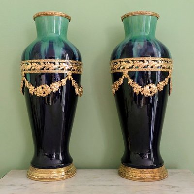 Paul Millet à Sèvres, vers 1920 - grande paire de vases montés - faïence glaçurée