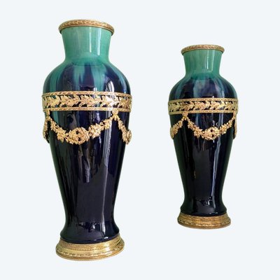 Paul Millet à Sèvres, vers 1920 - grande paire de vases montés - faïence glaçurée