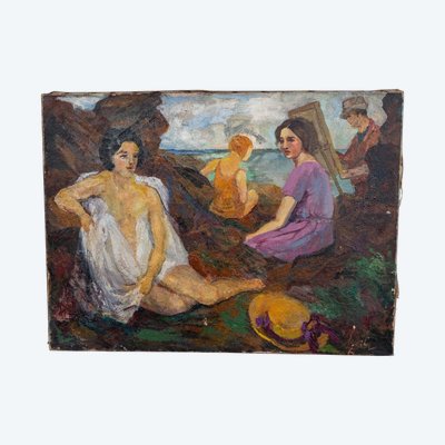 Oil on canvas beach scene easel painter