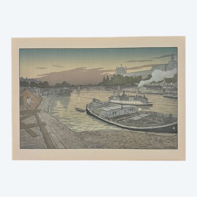 Litografia di Henri Rivière Paysages Parisiens - Le Pont des Saints-Pères e Le Louvre