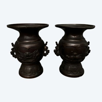 Paire de vases en bronze Japon XIXe patine brune