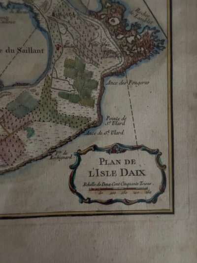Color engraving under glass map of Isle Daix 18th century