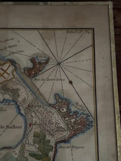 Color engraving under glass map of Isle Daix 18th century
