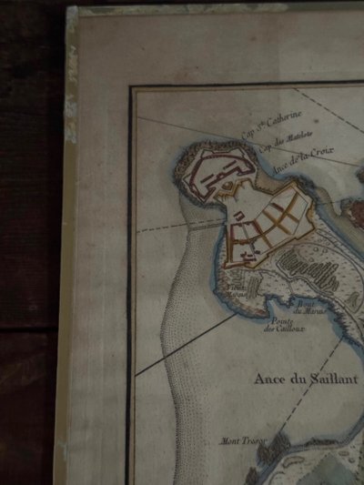 Color engraving under glass map of Isle Daix 18th century