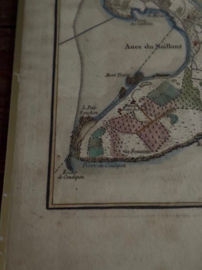 Color engraving under glass map of Isle Daix 18th century