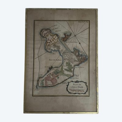Color engraving under glass map of Isle Daix 18th century