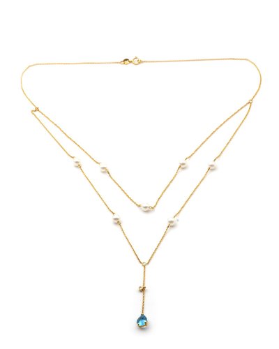 Vintage topaz and pearl drapery long 18k necklace, Vintage drapery necklace, blue topaz