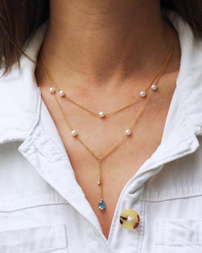 Vintage topaz and pearl drapery long 18k necklace, Vintage drapery necklace, blue topaz