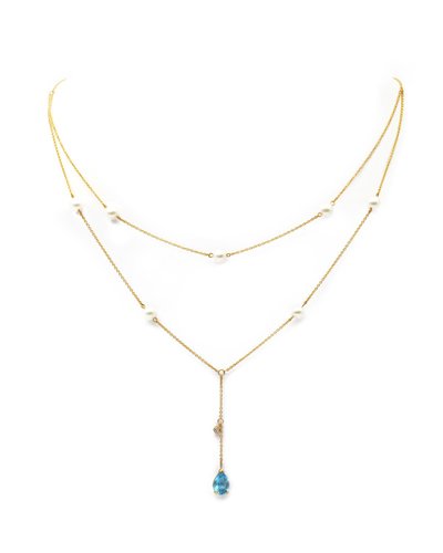 Vintage topaz and pearl drapery long 18k necklace, Vintage drapery necklace, blue topaz