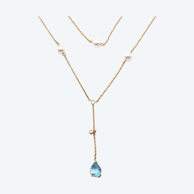 Vintage topaz and pearl drapery long 18k necklace, Vintage drapery necklace, blue topaz