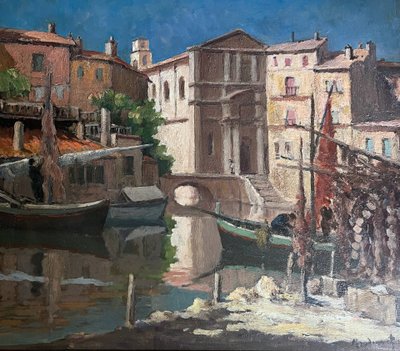 Pittura HSP Pierre MANDONNET (1891-1970) "Le miroir aux oiseaux - Martigues" (Lo specchio degli uccelli - Martigues)