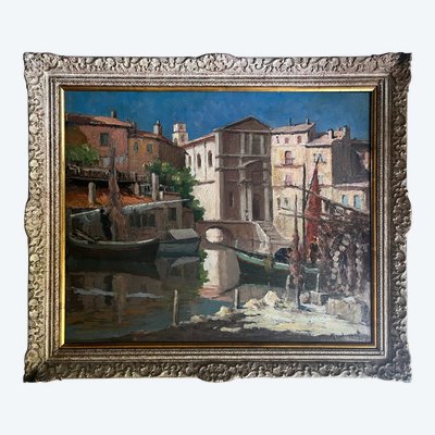 Pittura HSP Pierre MANDONNET (1891-1970) "Le miroir aux oiseaux - Martigues" (Lo specchio degli uccelli - Martigues)