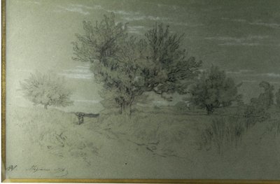 Disegno a carboncino "Paesaggio di Fontainebleau" Alexandre René-Louis Véron (1826-1897)
