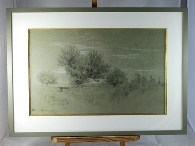 Disegno a carboncino "Paesaggio di Fontainebleau" Alexandre René-Louis Véron (1826-1897)