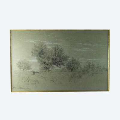 Disegno a carboncino "Paesaggio di Fontainebleau" Alexandre René-Louis Véron (1826-1897)