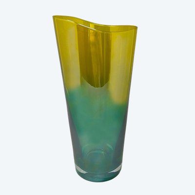 Vase de luxe vert et jaune en verre de Murano fabriqué à la main dans les années 1970 par Ca dei Vetrai. Fabriqué en Italie