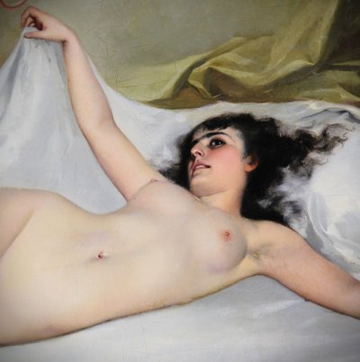 Dipinto ad olio spagnolo su tela, nudo sdraiato, XIX secolo, attr. di Luis R Falero
