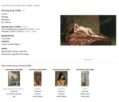 Dipinto ad olio spagnolo su tela, nudo sdraiato, XIX secolo, attr. di Luis R Falero