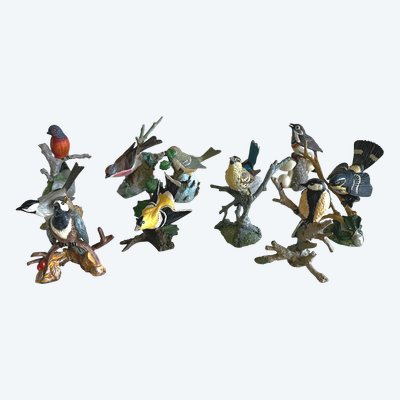Lot de 11 oiseaux en étain peints main.