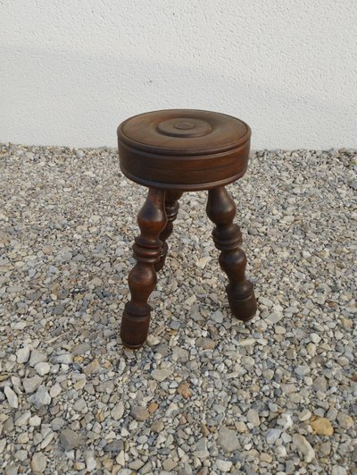 Tabouret ancien en bois tourné dlg de Charles Dudouyt, 50, 60 & 70