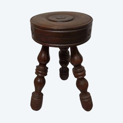 Tabouret ancien en bois tourné dlg de Charles Dudouyt, 50, 60 & 70