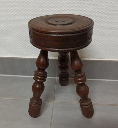 Tabouret ancien en bois tourné dlg de Charles Dudouyt, 50, 60 & 70