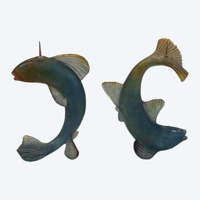 DAUM - Pair of glass fish candlesticks circa 1980 - Daum Crystal