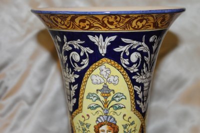 Pair of Sarreguemines earthenware vases with Italian Renaissance decoration, late 19th century