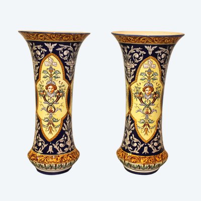Pair of Sarreguemines earthenware vases with Italian Renaissance decoration, late 19th century