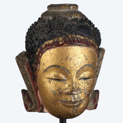 Tête de bouddha en grès laqué d'or - Khmer