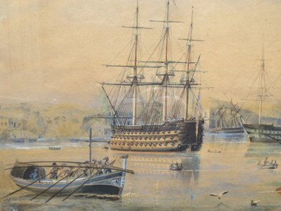 Mittelmeerhafen, Aquarell aus dem 19. Jahrhundert.