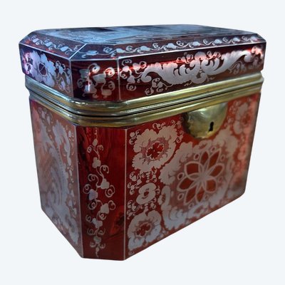 Rare coffret en cristal rouge de bohème souvenir du pont de Kiehl  fin XIXéme siècle