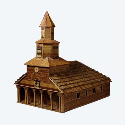 Maquette d'église en bois vintage années 50-70 "Iglesia Nercon Chiloe Chile"