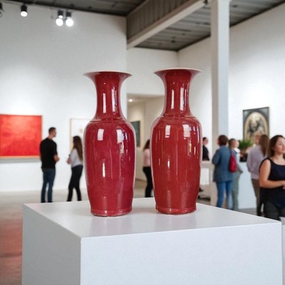 PAIRE DE GRANDS VASES BALUSTRE EN PORCELAINE ÉMAILLÉE SANG DE BŒUF CHINE XIXe