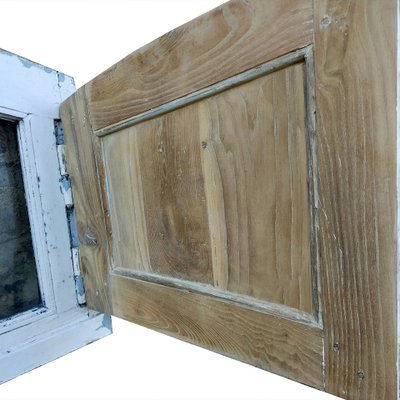Antique arched 19th century oak transom with bull's eye interior shutters doors ref B