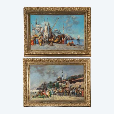 A Pair Of Paintings, Oil On Canvas View Of Istanbul, 20th Century
