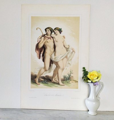 Mythological Lithograph Bacchus And Ariadne 19th C Old Print 
