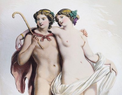 Mythological Lithograph Bacchus And Ariadne 19th C Old Print 