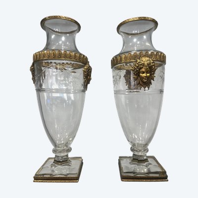 Coppia di vasi - cristallo e bronzo - mascarons - Francia - XIX sec.