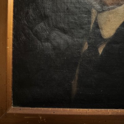 Ritratto ad olio su tela di un uomo con occhiali e baffi inizio XX secolo