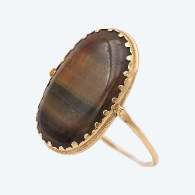 Victorian swivel ring tiger-eye cabochon, antique man ring 18k gold, Men jewelry