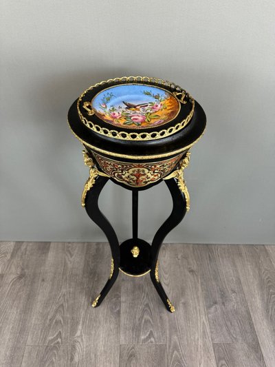 Napoleon III Planter In Blackened Wood, Gilded Bronze And Hand-painted Porcelain, 19th Century