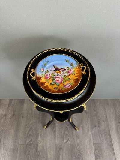 Napoleon III Planter In Blackened Wood, Gilded Bronze And Hand-painted Porcelain, 19th Century