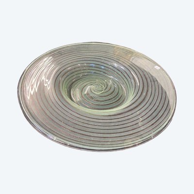 Centrotavola piatto Murano design XX sec anno 1987  Lavorazione a spirale e filigrana Oro/verde.  