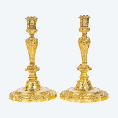 Pair of French Regence Style Gilt Bronze Candlesticks, signed by Henri Picard circa 1850